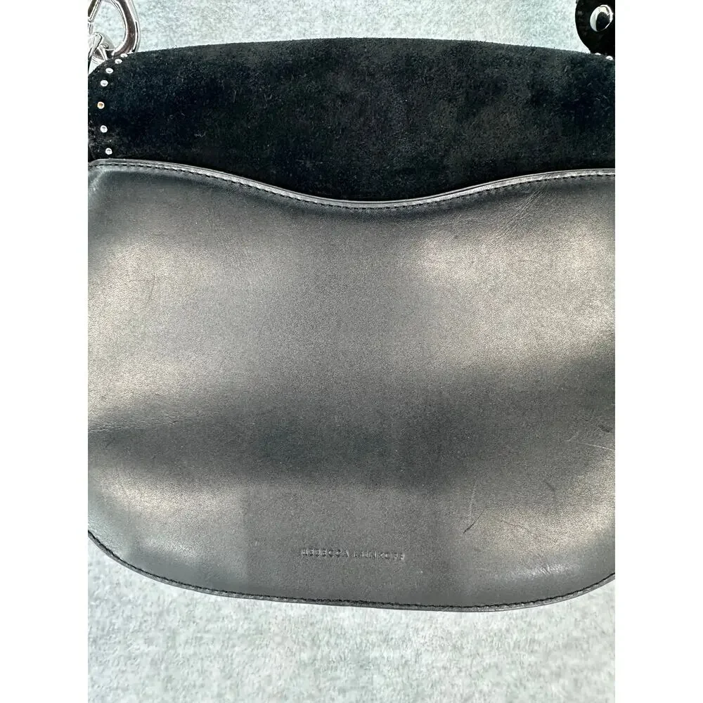 Rebecca Minkoff Large Jean Saddle Bag Black Suede BOHO Western Silver Accents